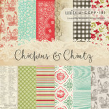 Cover of the Chickens & Chintz 6x6 paper pack from Unity Stamp Co — farmhouse papers with roosters, red-and-cream chintz florals, green gingham, ledger text and stripes in country reds, greens and teal.