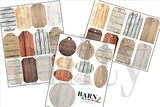 Barn Wood ephemera sheets - printed tags and oval labels in weathered woodgrain, ranging from pale whitewashed planks to warm oak and dark walnut, with the Barn Wood label card in front.