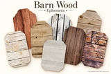 Barn Wood ephemera sheets - printed tags and oval labels in weathered woodgrain, ranging from pale whitewashed planks to warm oak and dark walnut, with the Barn Wood label card in front.