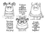 Red rubber stamp sheet: three quirky girl monsters – one in glasses, one with horns, one in a ruffled dress – with sentiments including 'Embrace your unique brilliance' and 'Some days feel a little EXTRA'.