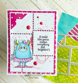Hot pink card with a pink monster in a ruffled dress on a white grid panel and the 'A smile like yours' sentiment.