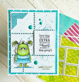 Teal card with a green monster in a ruffled dress and 'Some days feel a little EXTRA...keep going!'.