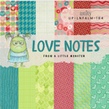 Cover of the Love Notes from a Little Monster 6x6 paper pack from Unity Stamp Co — a grumpy green monster over teal, green, pink and red heart, dot and plaid prints, with the title in bold letters.