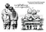Black-and-white Love that Lasts stamp set: a young couple and an older couple on a bench, 'Your love story is an inspiration.'