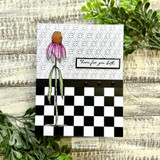 Card with a coneflower and checkered accent and 'here for you both.'