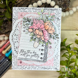 Floral card over the handwritten-text background with a peony bouquet and 'May this day meet you gently.'