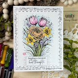 Floral card with the text background behind a tulip-and-ranunculus bouquet and 'Sending a bouquet of kind thoughts.'