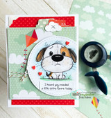Card of the colored puppy on a circle panel with clouds and hearts, "I heard you needed a little extra love today."