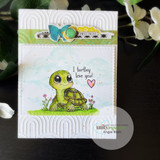 Card with the turtle on an arch-embossed panel, 'I turtley love you!'