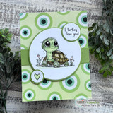 Green dot card with the turtle in a circle, 'I turtley love you!'