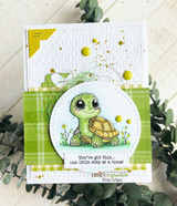 Card with the turtle in a circle over green plaid, 'You've got this... one little step at a time!'