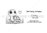 Red rubber stamp sheet with a wide eyed little turtle among tiny flowers, carrying 'Don't hurry, be happy.' and 'You've got this... one little step at a time!'