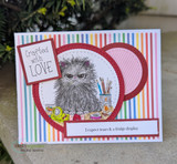 Card with the grumpy gray cat and craft tools layered over red and pink circles, stamped 'Crafted with LOVE' and 'I expect tears & a fridge display.'