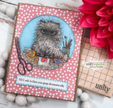 Grumpy gray cat colored inside a blue circle on a pink polka-dot card, stamped 'All I ask is that you gasp dramatically.'