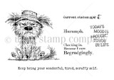 Red rubber stamp sheet: scruffy bucket-hat dog with five grumbly sentiments including 'Current status: over it'