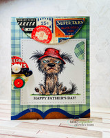 Retro collage card of the scruffy dog in a red bucket hat with 'HAPPY FATHER'S DAY!'