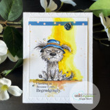 Yellow watercolor-splash card of the grumpy pup with 'Checking in. Because I care. Begrudgingly'