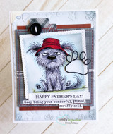 Layered plaid card with the pup, a black button, and 'HAPPY FATHER'S DAY! Keep being your wonderful, tired, scruffy self'