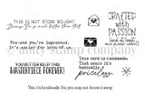 Black and white stamp sheet with tiny envelopes and a heart, plus the sentiments 'THIS IS NOT STORE BOUGHT. Because I'm so much better than that,' 'CRAFTED with PASSION [and at least one swear word],' 'YOU BETTER KEEP THIS MASTERPIECE FOREVER!,' 'This card is handmade. That means it's basically priceless,' 'Pretend you're impressed. It's easier for both of us.' and 'Yes, it's handmade. No, you may not throw it away.'