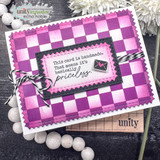 Magenta checkerboard card with black twine and a tiny stamped envelope, framing 'This card is handmade. That means it's basically priceless.'