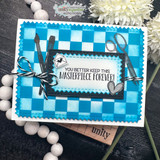 Blue checkerboard card with stamped scissors and pens and a black bow, framing 'YOU BETTER KEEP THIS MASTERPIECE FOREVER!'