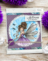 Card of a fairy in a purple gown on a circle panel with dragonflies, "just fluttering by to say hello."