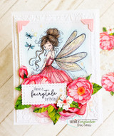 Soft pink card of the fairy in a floral gown with peonies and "have a fairytale birthday!"