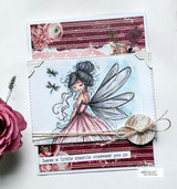 Card of the fairy in a pink gown over striped paper with tiny flowers and dragonflies.