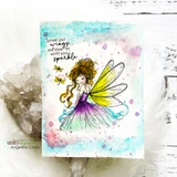 Watercolor card of the fairy in a rainbow gown with "spread your wings and show the world your sparkle."