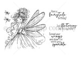 Line-art red rubber stamp of a seated winged fairy among dragonflies with "Have a fairytale birthday!" and "just fluttering by to say hello."
