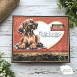 Rustic card with the tan puppy on a dark woodgrain background inside a stitched heart, 'Big hugs for those hard days' beneath.