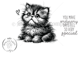 Line-art stamp of a big-eyed fluffy Persian kitten with 'You make ordinary days feel so very special' – June Bug from Rescue Tales.