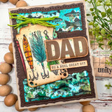 Layered card with the fish background in bright teal, fishing lures and feathers, wood-toned DAD letters and a tag reading To a reel great guy.