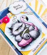Sunburst card with the cat in the flamingo float, 'Beach, please!' and 'Float more. Worry less.'