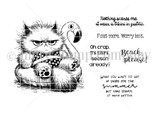Red rubber stamp sheet with a scowling fluffy cat in a bikini top sitting in a pool ring beside a flamingo float, carrying 'Beach please!' and 'Oh crap. It's bikini season already?'
