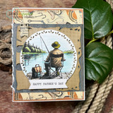 Card with the fishing dad in a circle frame, 'Happy Father's Day'