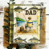 Card with the fishing dad over fish-print paper, 'DAD'
