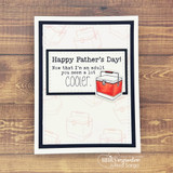 Navy framed card on wood with a repeated cooler pattern stamped in pale red, a single red cooler coloured in the centre and the sentiment "Now that I'm an adult you seem a lot cooler."