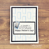 Navy framed card on wood with a repeated cellphone pattern stamped in pale blue, one coloured cellphone in the centre and the sentiment "You taught me everything I know. The rest I googled." with a Happy Father's Day line.