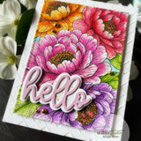 Card with the Peony Reverie floral background colored in pink, purple and orange peonies, topped with 'hello.'