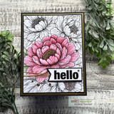 Card with the peony bloom background in soft pink and a black 'hello' tag.