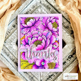 Vibrant card with the peony background in magenta and purple with 'thanks.'