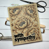 Kraft card with the peony background in warm sepia tones and 'with sympathy.'