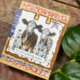 The pair of cows matted on floral paper with a star accent — 'this card is udderly overdue.'