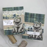 Card samples — a flower-crowned bear on plaid papers, 'gentle hearts carry great strength' and 'you are wildly loved.'