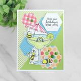 Handmade birthday card featuring playful bees in a margarita glass with colorful hexagon accents and the sentiment, “Hope your birthday is buzz-worthy.”