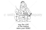 Line-art itty bitty stamp of a country snowman in a scarf and mittens by a brick chimney, sentiment 'may the LOVE of the season warm your HEART.'