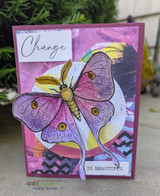 The moth in purple and gold over a bright collage panel — 'Change is beautiful.'