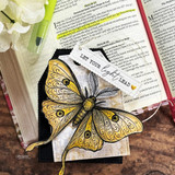 The moth in golden tones on a card staged over an open book — 'Let your light lead.'