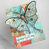 The luna moth in mint on a warm collage card — 'Let your light lead.'